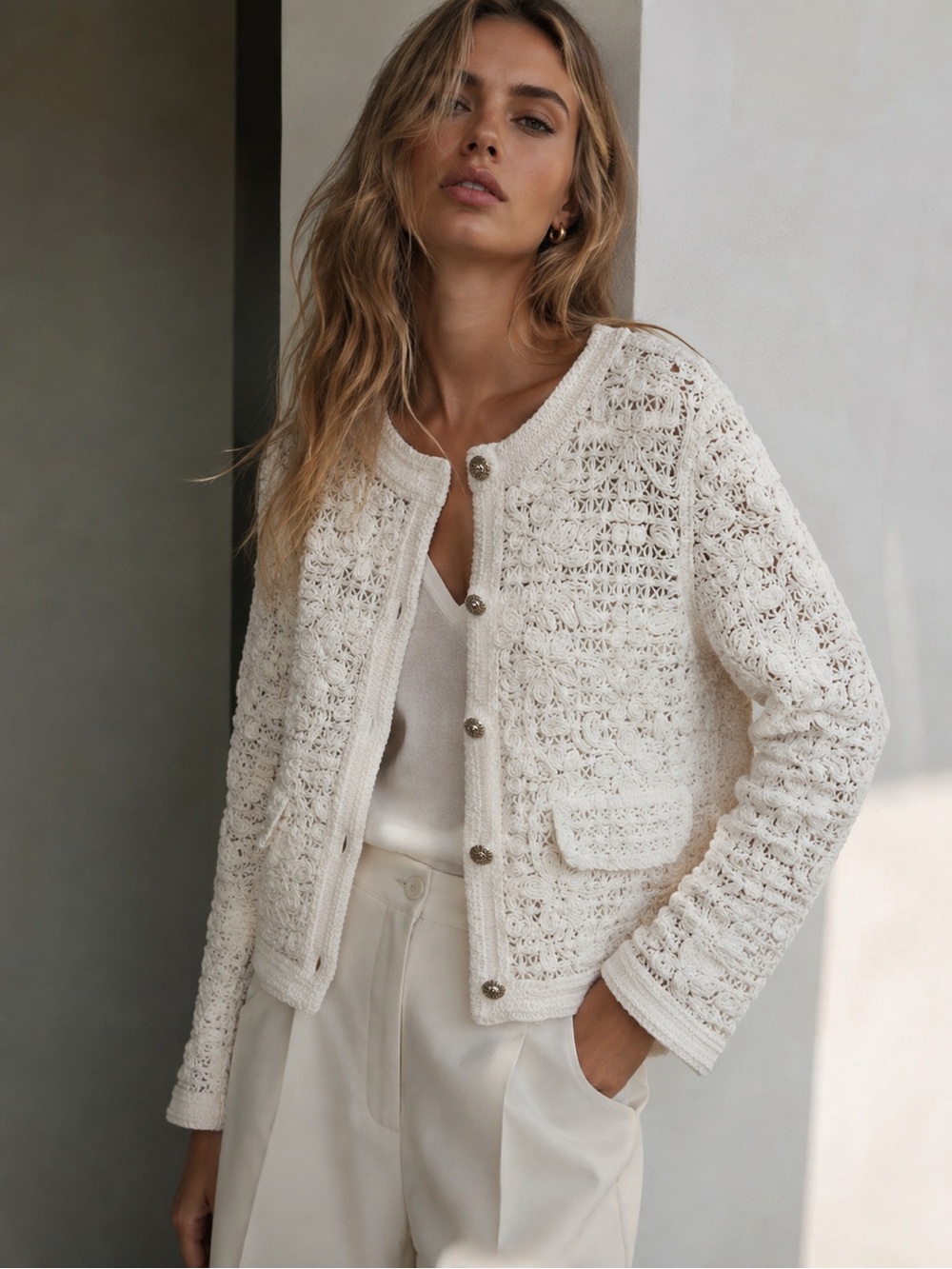 Zara Women’s Cream Crochet Knit Button-Front Jacket